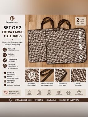 Lululemon Extra Large Reusable Tote Bag Set of 2 | Brown Geometric Print